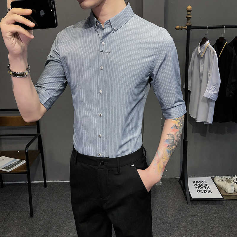 

Spring Striped Shirts Men Short Sleeve Business Formal Dress Shirts Casual Slim Fit Streetwear Shirts Social Party Chemise Homme 210527, Pink striped