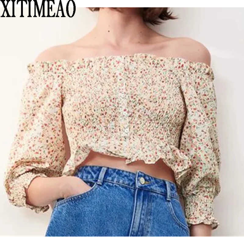 

Za Women Sweet Printing Fashion Blouses Vintage Square Neck Straight Shoulder Puff Sleeve Female Chic Short Tops 210602, Pink