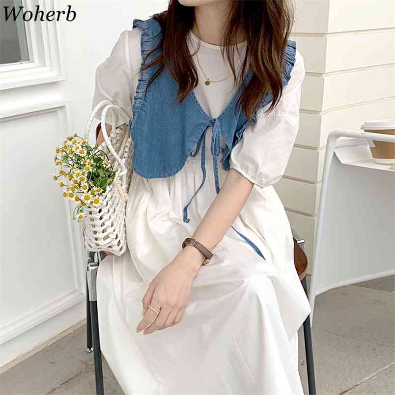 

Women Dress Summer Vestidos Korean Ladies Robe Vintage Ruffles Lace-up Denim Shawl Drawstring Loose Casual Dresses 210519, White