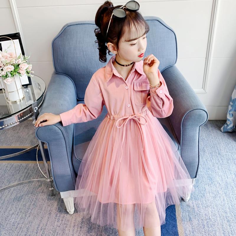 

Girl's Dresses Children For Teenage Girl Long Sleeve Lapel Mesh Stitching Thin Waist Princess Dress Black Pink Color Girls Casual