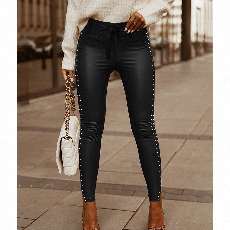 Collants de la mode Femme Leggings Split Rivet Pantalon Pantalon Pantalon Casual Week-end Micro-élastique Pu PU Comfort Mid-Taille Slim Noir Blac
