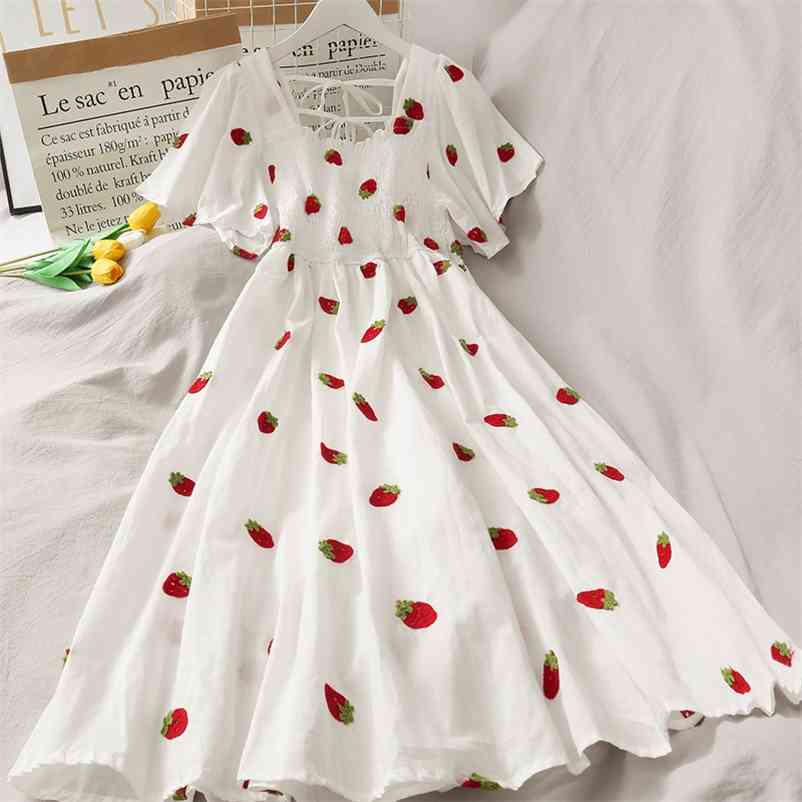 

Strawberry Dress Women Cherry Kawaii Fruit Embroidery Puff Sleeve Party es Vintage Square Neck Elegant Women's Beach 210513, Black;gray