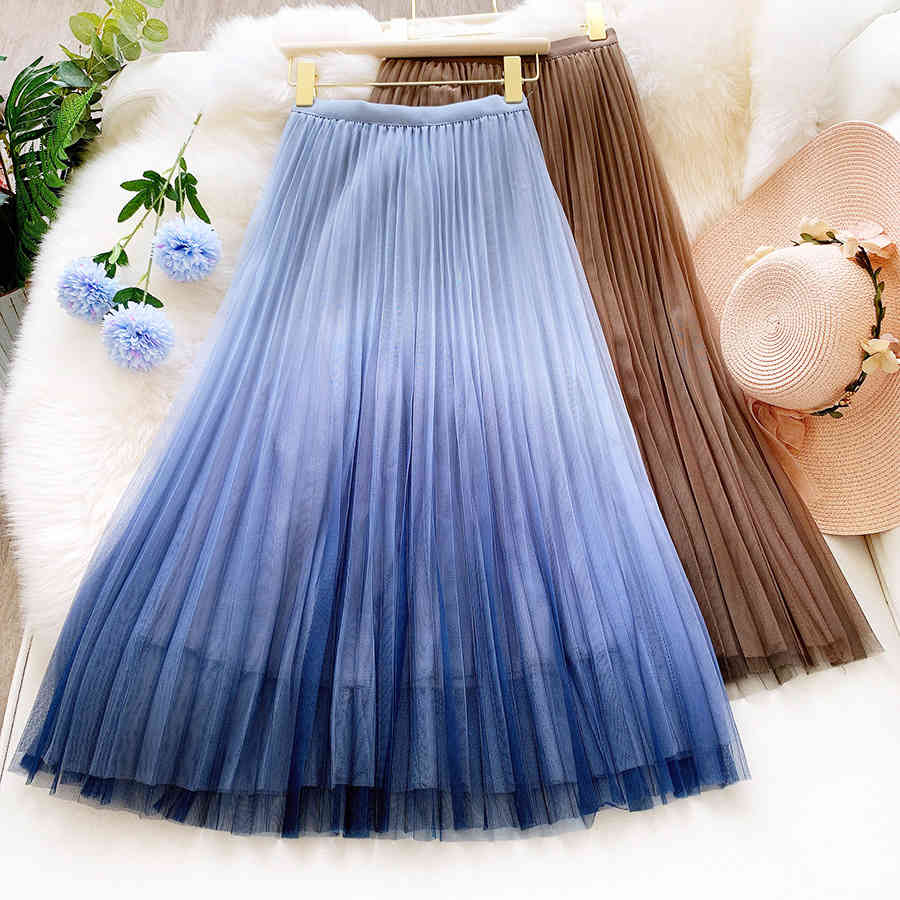 

Qooth Beautiful Gradient Color Long Tulle Skirts Women Korean A-line High Waist Pleated Maxi Skirt Female School Skirt Girls 210518, Pink