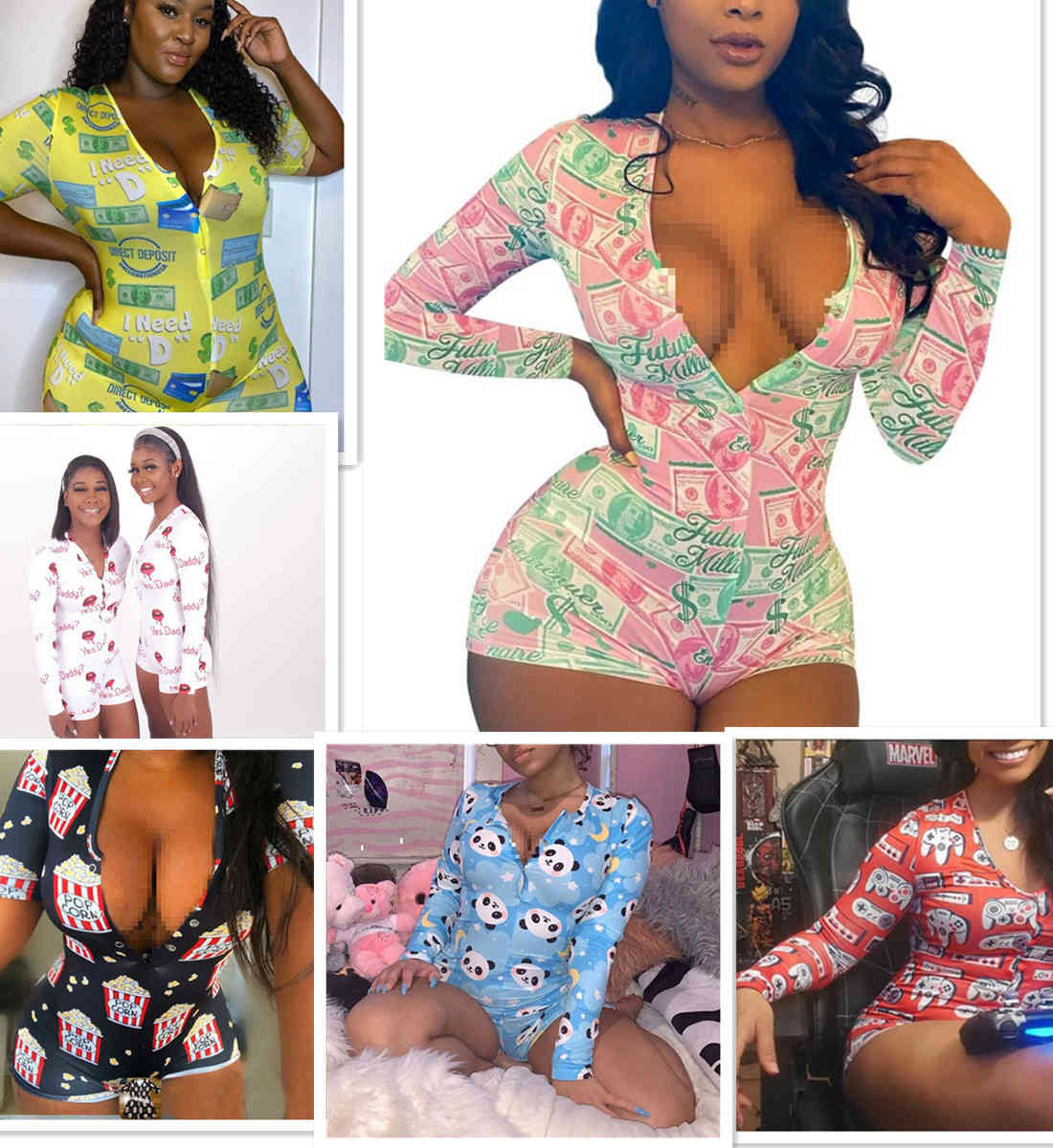 

Women Jumpsuit Slim Sexy Pajamas Casual Letters Cartoons Printed Buttons Onesies Ladies V-neck Long Sleeve shorts Home Rompers, Yellow short sleeve us $8