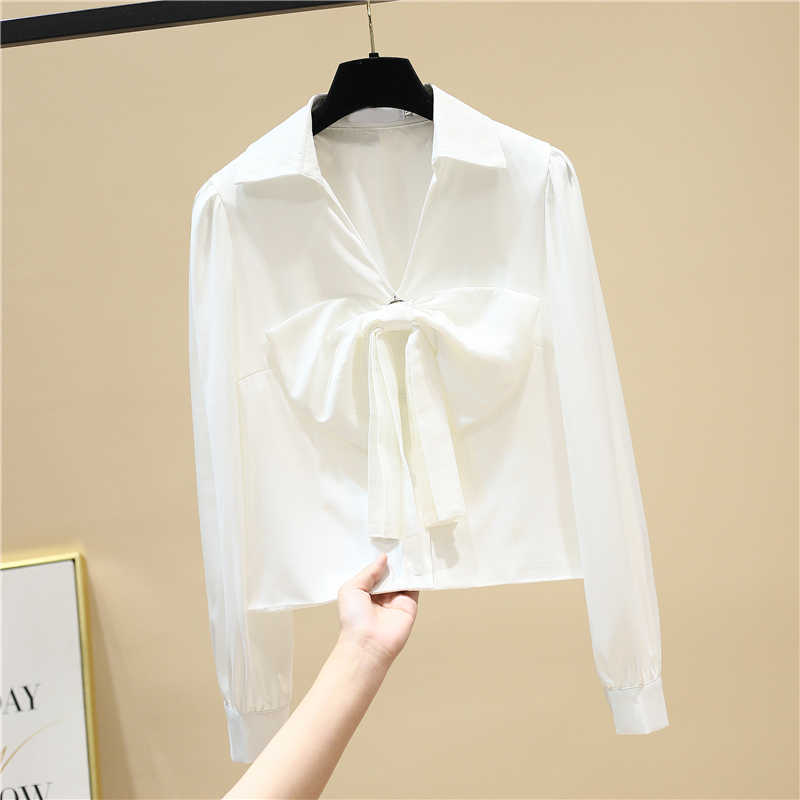 

White Bow Full Turn Down Collar Shirt Women's Spring Loose Short Top 210615
