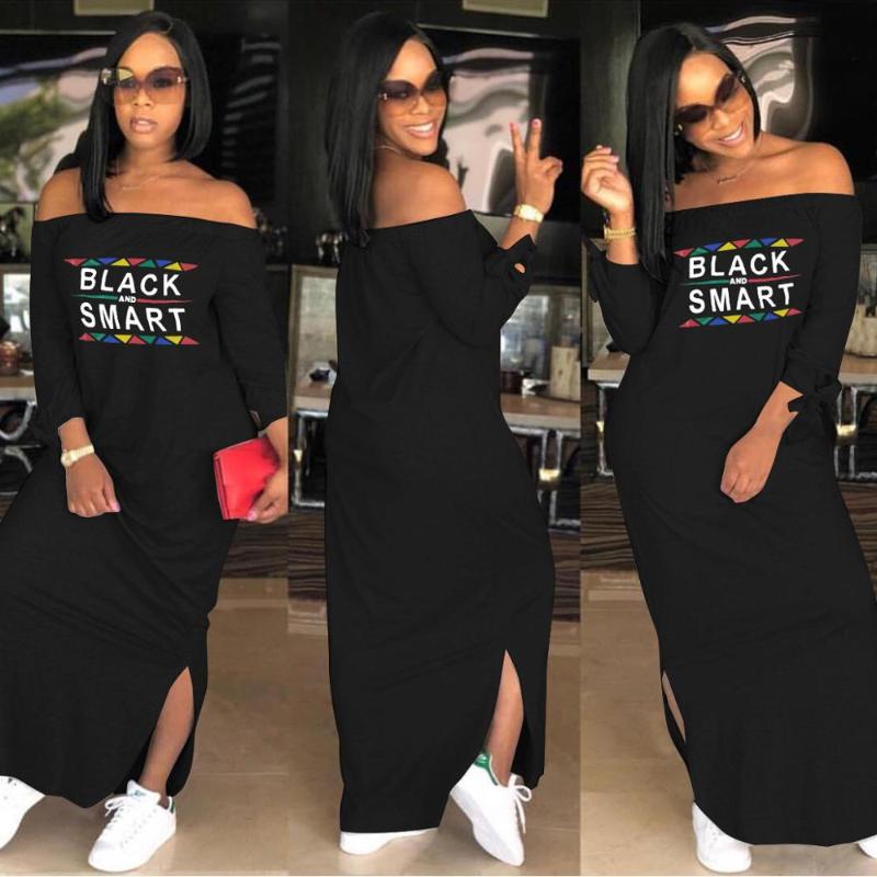 

Casual Dresses AHVIT Style Slash Neck Full Sleeve Women Dress Bow Decorate Letter Printed Side Split Party Maxi ALS039, Black