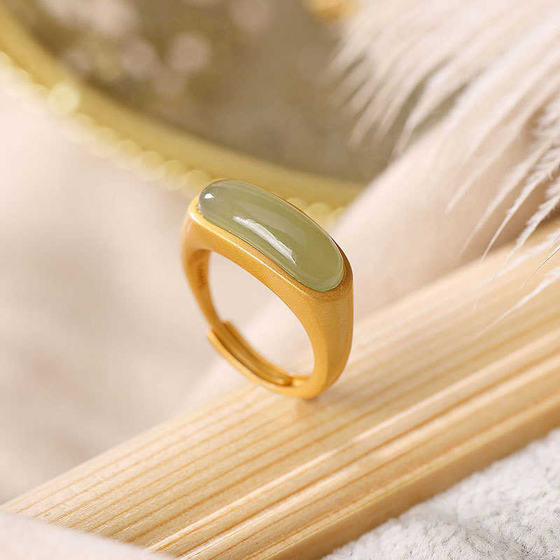 

Sterling Silver Gold-plated Natural Hetian Jade Opening Simple And Versatile Ladies Ring Personality Rings Fine Jewelry K0045