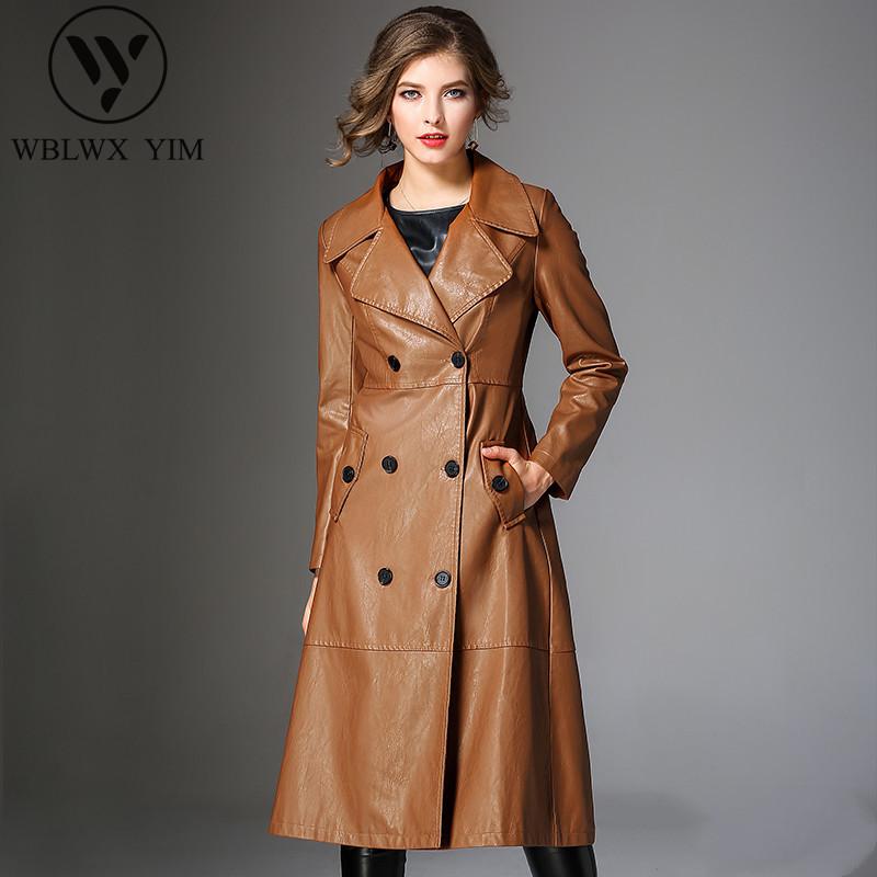 

Women's Trench Coats Classic Double-breasted PU Leather Jacket Women Long Coat 2021 Spring Autumn Fashion Womens Loose Outerwear, Black