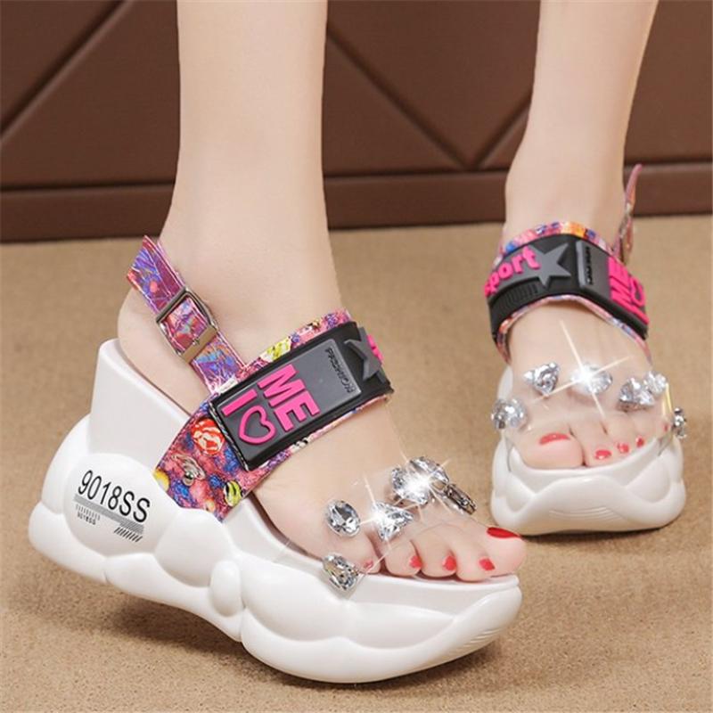

Sandals Women White Yellow Platform 2021 Summer Chunky Wedges High Heels Transparent PVC Crystal Peep Toe Female Shoes, Red slippers