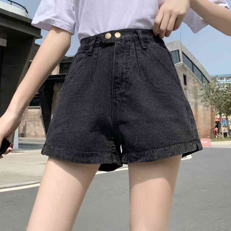 

Elastic Waist Denim Shorts Women High Solid Pocket Female Black Blue Jean Summer Fashion Casual Woman 210603