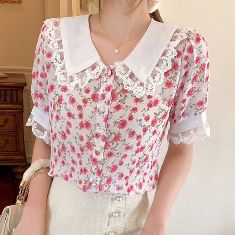 

Summer Women Designer Sweet Pink Floral Peter Pan Collar Chiffon Blouse Puff Sleeve Vintage Shirts Ladies Casual Top 210526