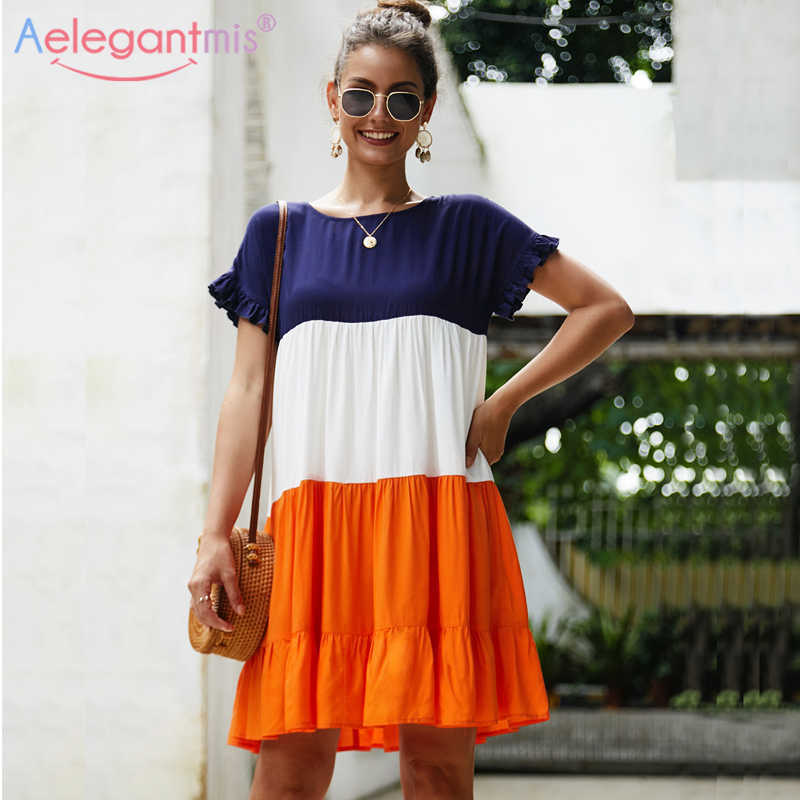 

Aelegantmis Women Short Summer Dress Female Casual Straight es Ladies Ruffles A-line es Chic Loose Spring Robe 210607, As shown
