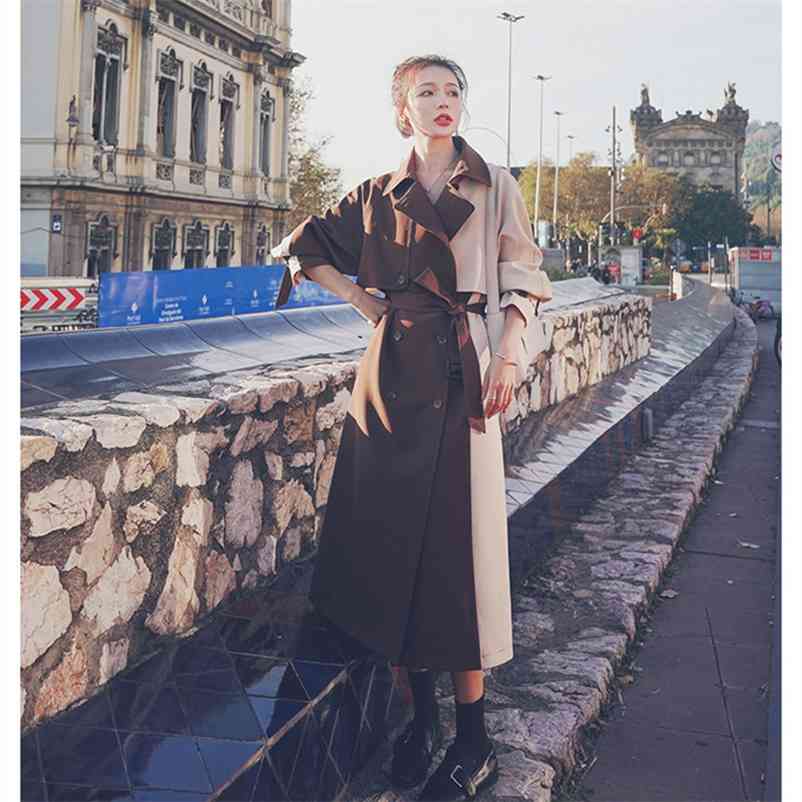 

Women Spring Autumn Hit Color Spliced Fashion Long Trench Coat Female Brand High Street Elegant Windbreaker 210519, Brown