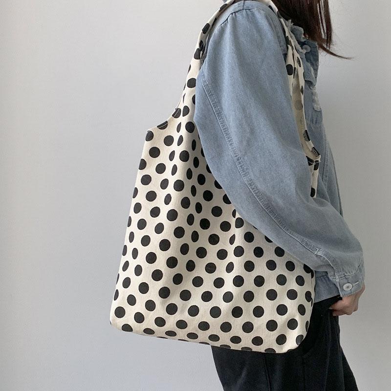 

Evening Bags Round Polka Dot Canvas Shopper Bag For Women Girl Students Cotton Cloth Tote Shoulder Korean Eco Shopping Handbags, Beige