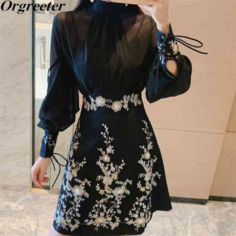 

Ladies Luxury Embroidery Beaded Chiffon Shirt and Skirt Two piece Sets Vestidos Women Spring Fall Temperament Suits 210602, Black
