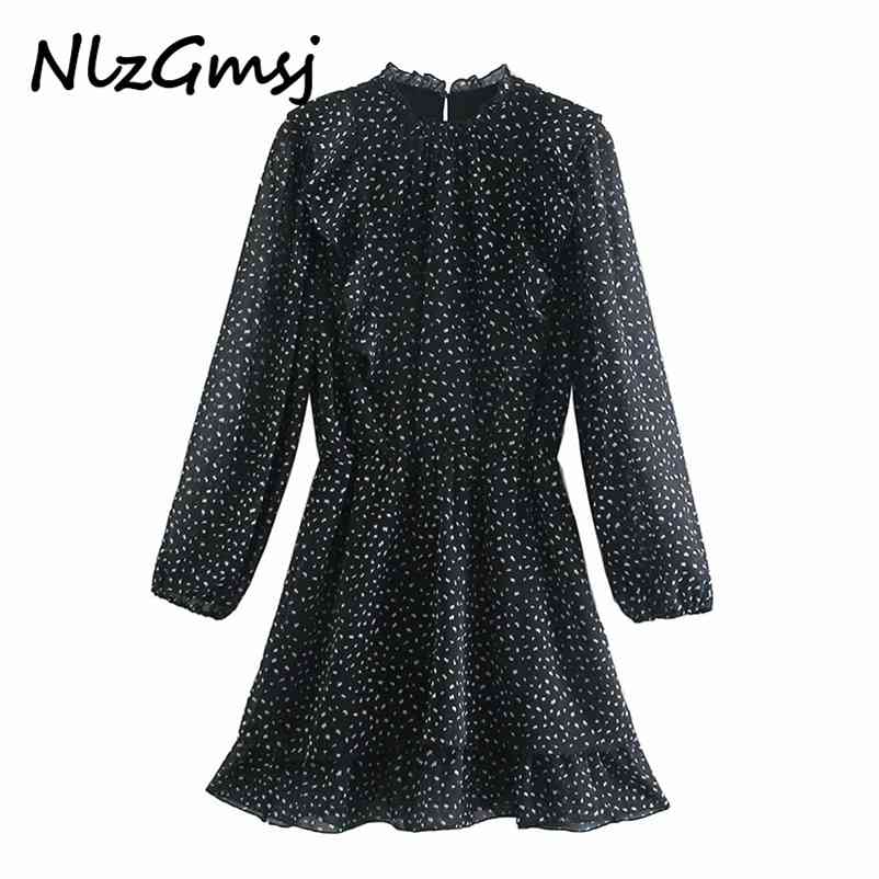 

Dres Ruffles Black Dot Print Chiffon Long Sleeve Back Buttons Females Mini es Vestidos 210628, As picture