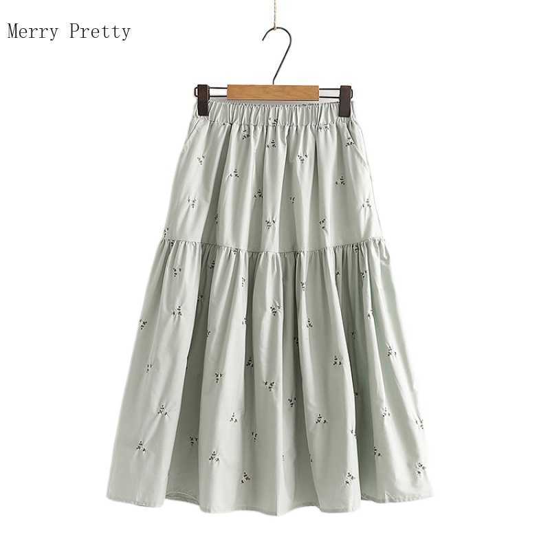 

Floral Embroidery Casual Women Pleated Skirts Summer High Elastic Waist Korean Fashion Preppy Style Ladies Skirt 210526, Green