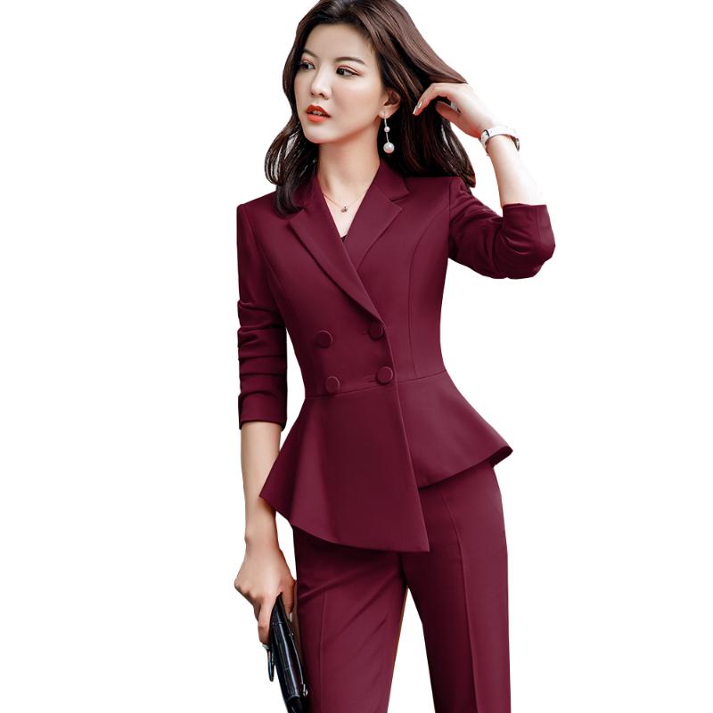

Women's Two Piece Pants Elegant Asymmetric Ruffle Hem Ladies Formal Pant Suit Red Wine Black 2 Set Women Double Breasted Jacket And Trousers, Black pant suit