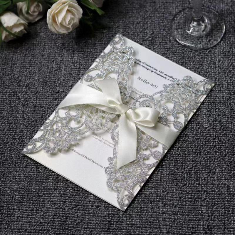 

20pcs/lot Glitter Paper Wedding Invitations Silver Gold Laser Cut Invitation Card With Blank Inner Universal Cards Greeting