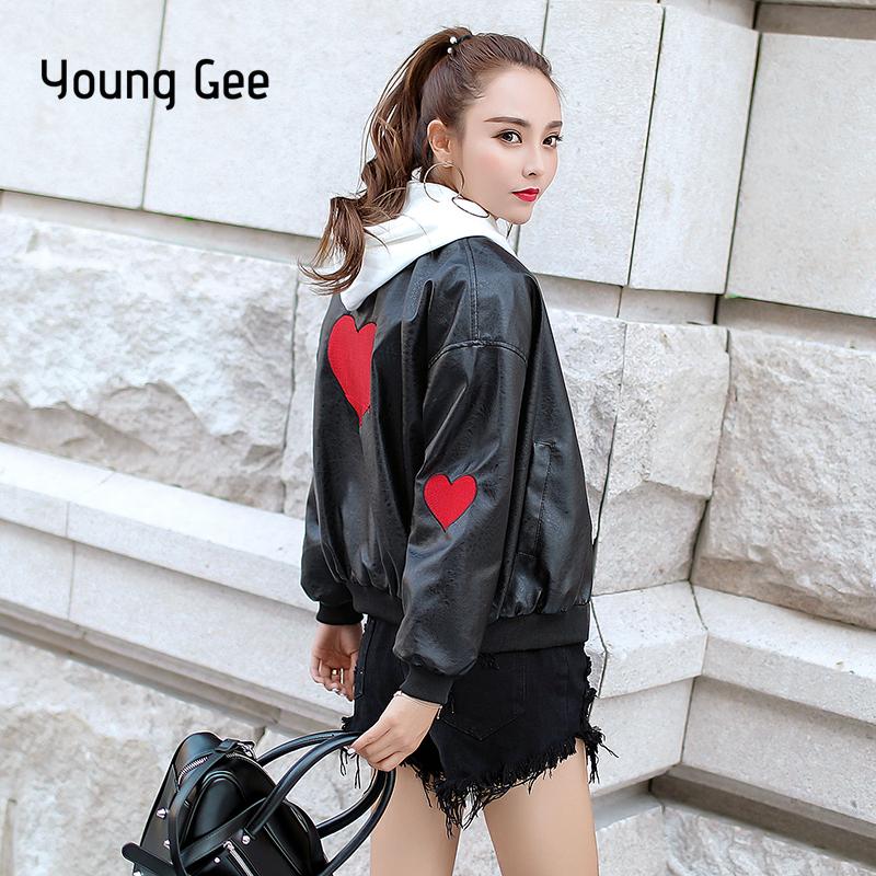 

Women's Leather & Faux Young Gee Women Black Zipper Jackets Autumn Winter 2021 Fashion Basic Coat Biker PU Embroidery Hearts Jacket Mujer