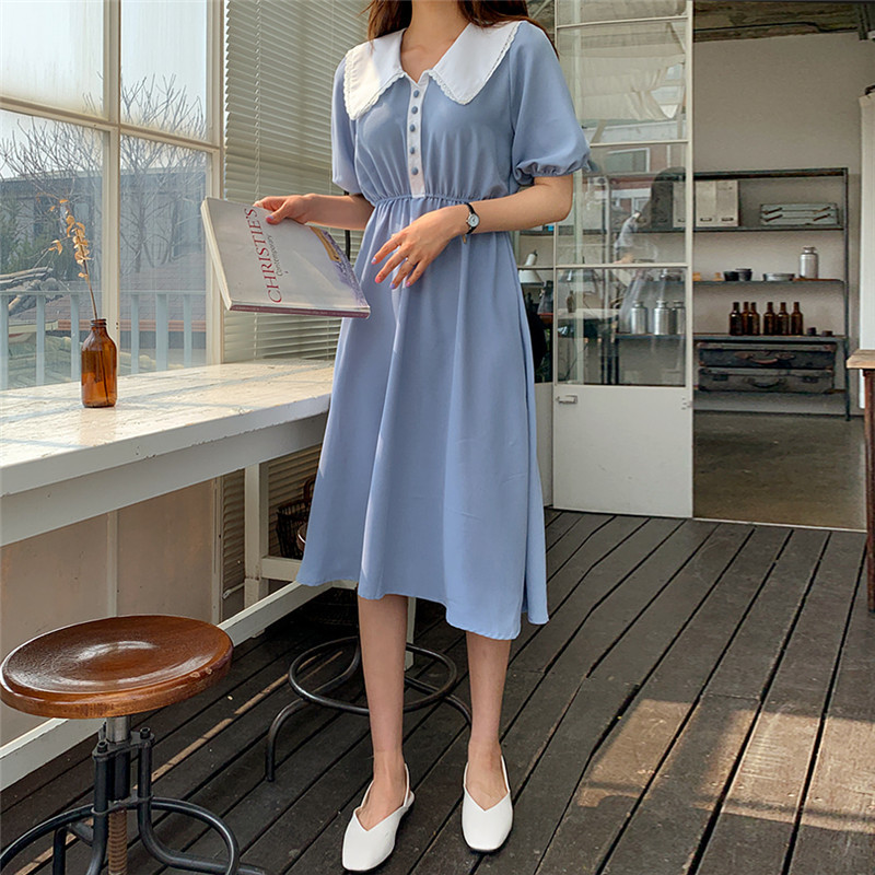 Summer Girls Women Cotton Casual short Sleeve Dresses Female Dress Vintage Solid blue Boho Robe Femme Vestido 210417Z