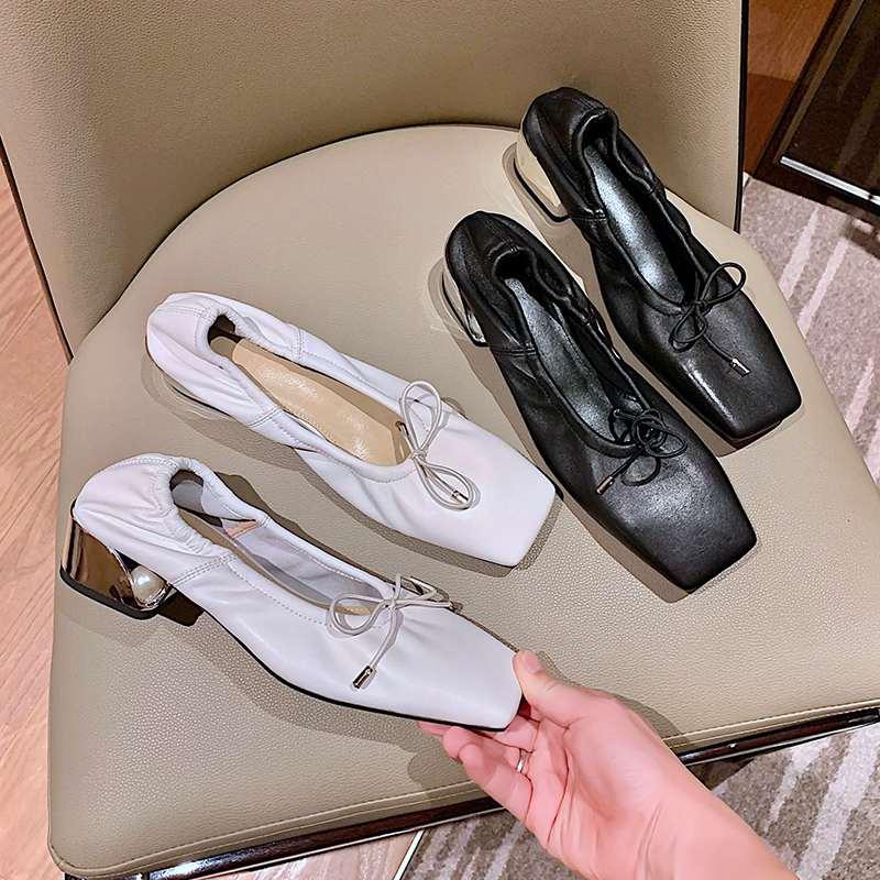 

Early Spring Arrival High Heels Shoes Women's Pumps Genuine Leather Square Toe Butterfly-knot Sweet Korean Women Dress, Black