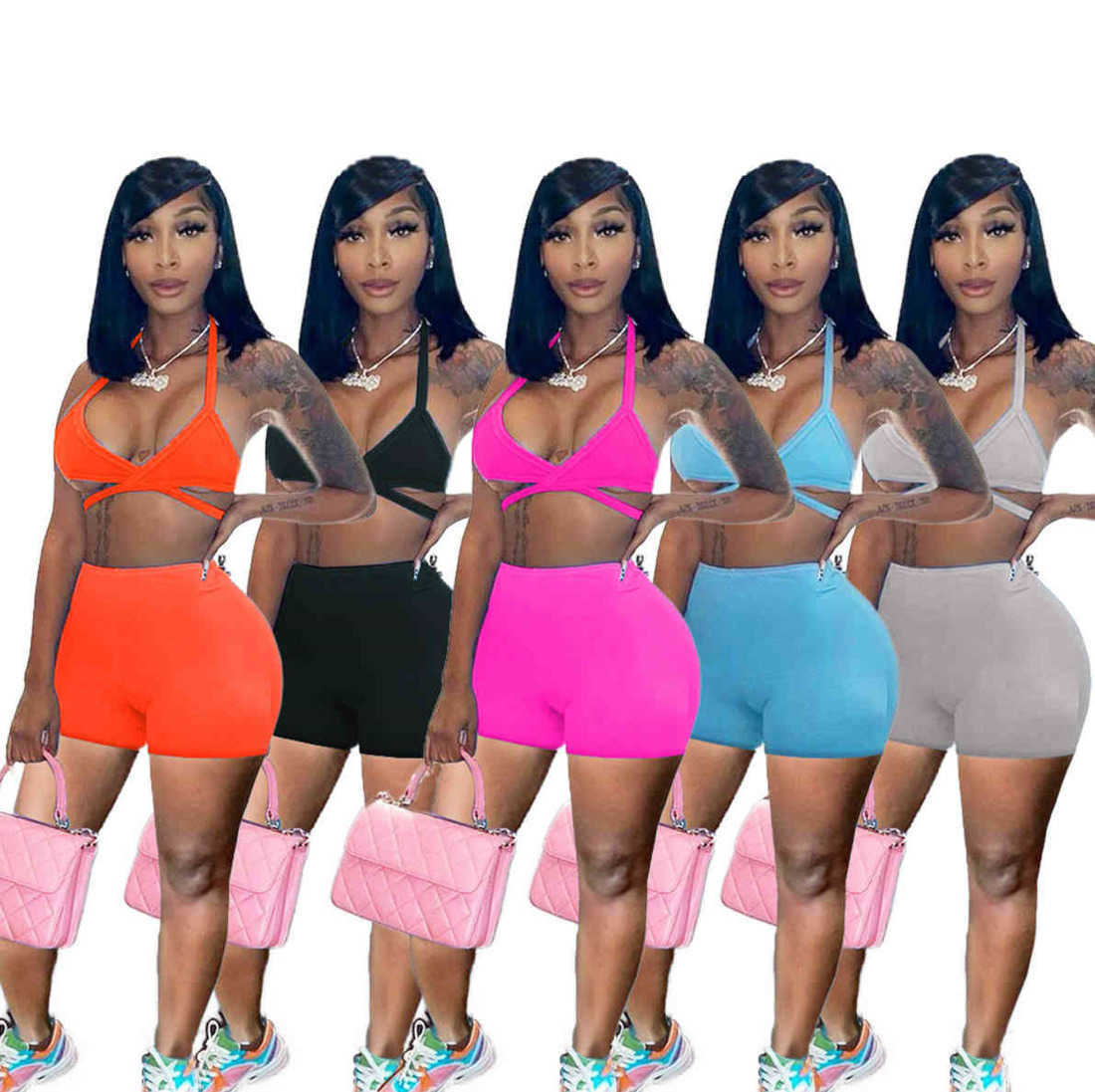 

Summer Womens Tracksuits Designer V-neck Fashion Casual Sexy Low Cut Suspender Vest Sports Shorts Two Piece Sets Solid Color Slim Outfits, Orange