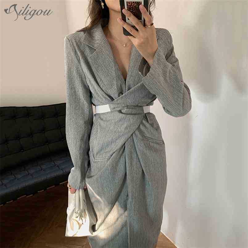 

Casual Women' Gray Pleated Long Elegant Dress Style V-Neck Belt Sleeve Loose Fashion Trendy Summer 210525