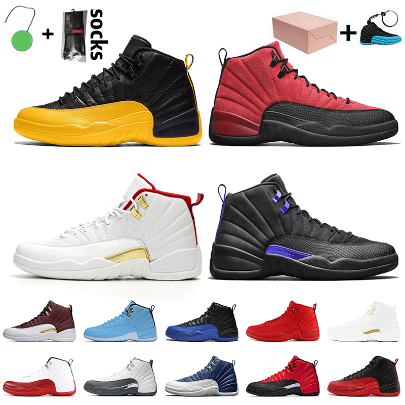 

University Gold Jumpman 12 12s Mens Baskettball Shoes Retro Reverse Flu Game FIBA Dark Concord Michigan Indigo The Master Taxi Trainers Sneakers, #8 game ball 40-47