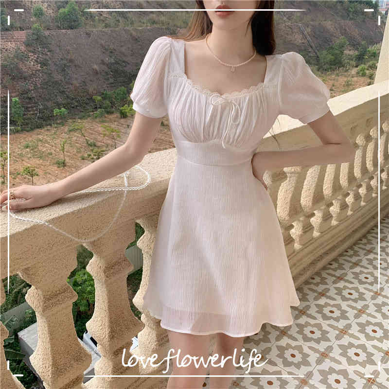 

Summer Elegant Mini Dress Women Casual Bow Lace Party Vintage White Dress Female Office Lady Design Dress Kroean 210521