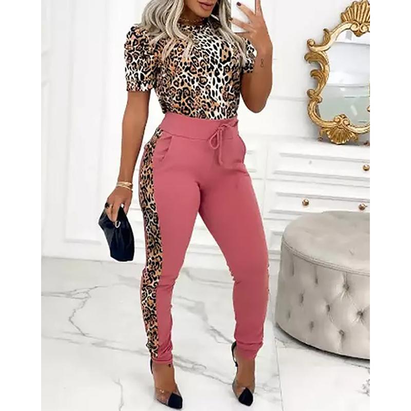 

Women' Two Piece Pants Women Set Leopard Print Short Sleeve Top High Waist Bandage Patchowrk Full Skinny Pant Ladies Tracksuit Outfit SJ872, Pink