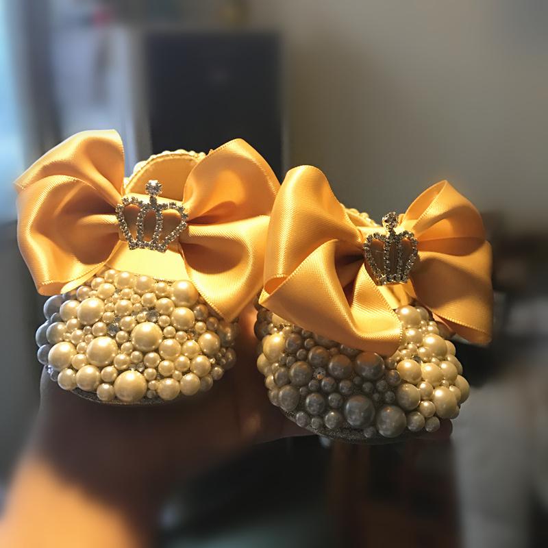

First Walkers Dollbling Royal Pearls Baby Shoes Noble Golden Crown All Dazzling Ballet Sparkly Adorable Fancy Boutique Infant Keepsake