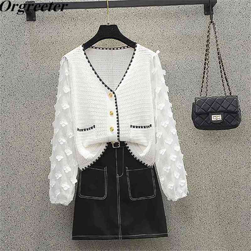 

Women Chiffon Patchwork Knitted Cardigan 2 piece set Femake Summer Fall 3D Flower Deco Knitwear With A-line Skirt Outfits Female 210602, Only skirt