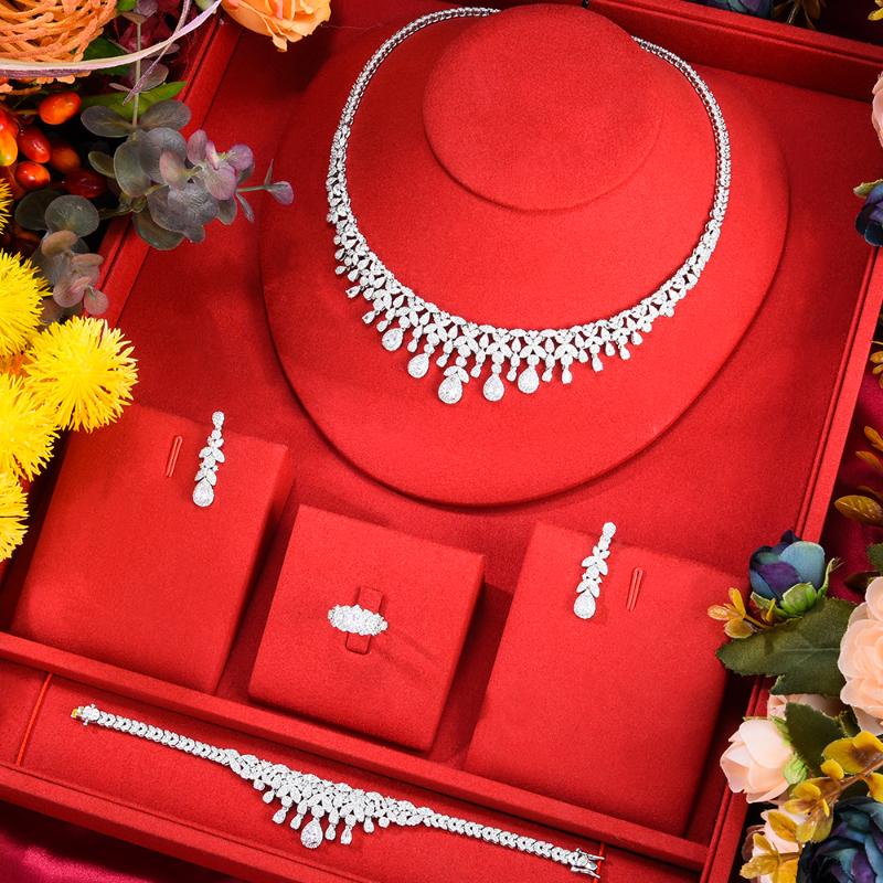 

Earrings & Necklace Blachette Fashion Noble Exclusive Pendant Bracelet Ring 4PCS Dubai Bride Wedding Engagement Zircon Jewelry Set, As pic