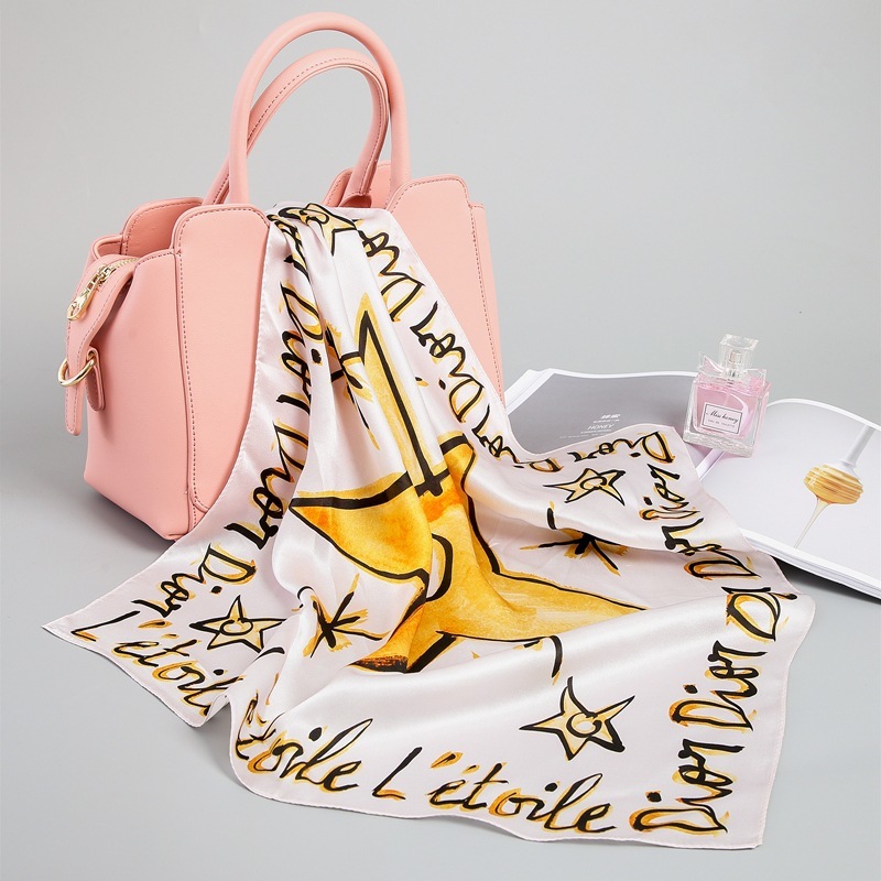 

100% natural silk women small square neck scarves star letter print crepe satin plain scarf handkerchief 53*53 cm