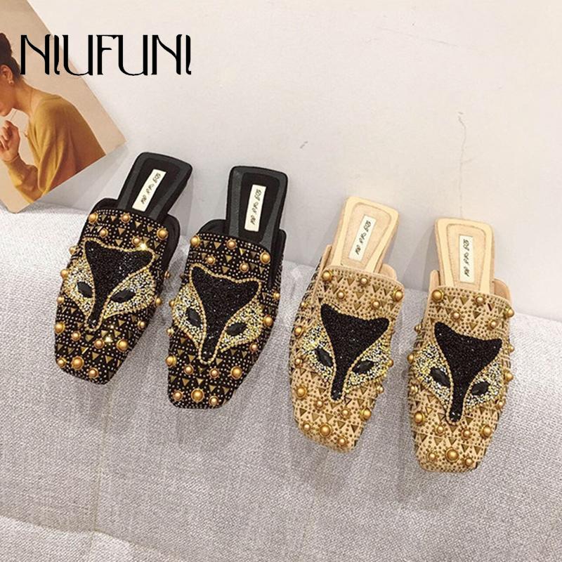 

Slippers Women's 2021 Square Head Rhinestone Flat Shoes Rivet Sequins Muller Lazy Summer Casual Beach Slides, Black