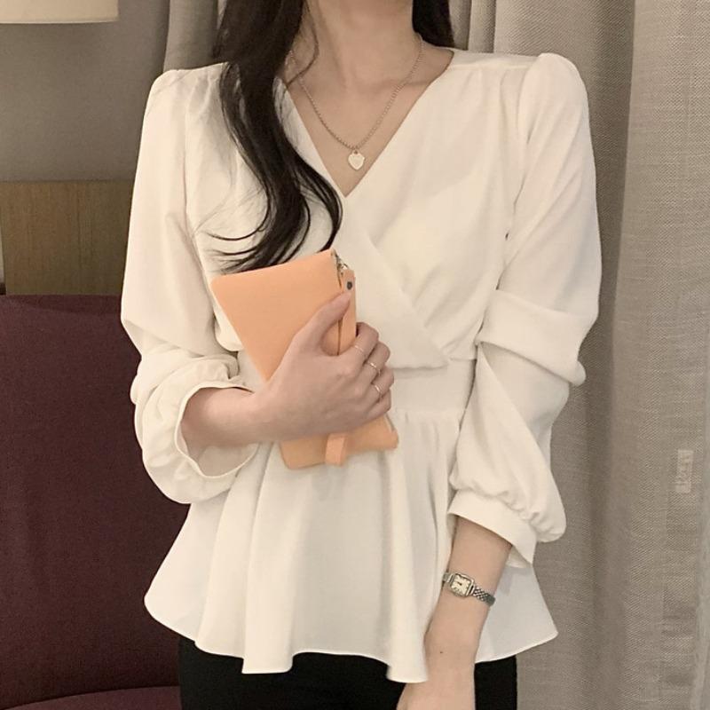 

Women's Blouses & Shirts Korea Top Elegant Blusas Mujer Sexy V Neck Long Sleeve White Chiffon Women Slim Lace Up Waist Sweet Wild Fashion Bl