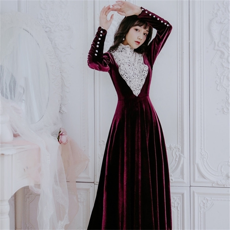 

Dresses Woman Party Night Burgundy Velvet Vintage Women Long Dress Elegant Full Sleeve Ankle-Length Vestido Spring 210603, Blue