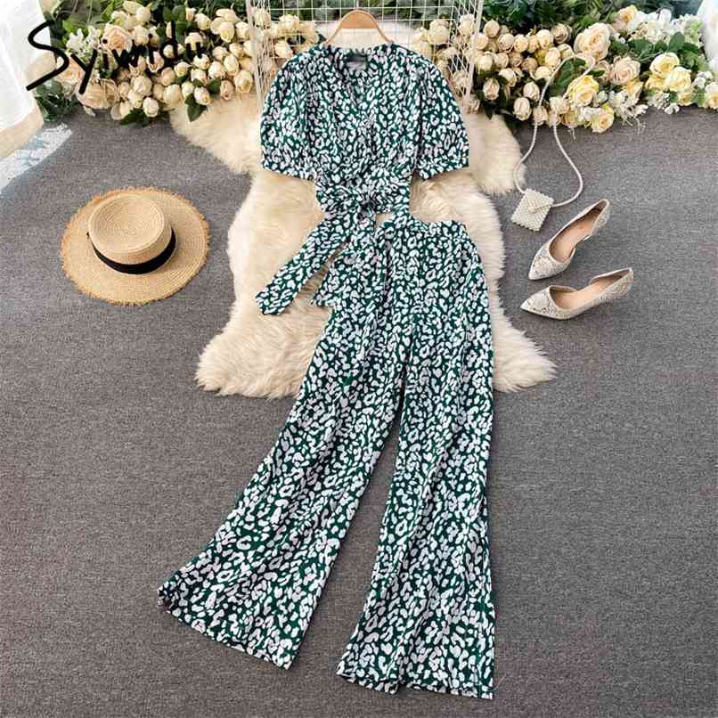 

2 Piece Sets Women Summer Print Beach Party V Neck Lace Up Short Tops and Side Split Wide Leg High Waist Pants 210607, Khaki