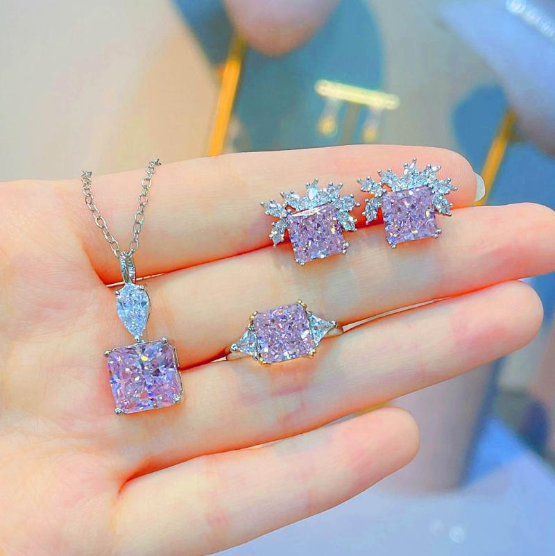 

Earrings & Necklace High Quality Sterling Silver Wedding Jewelry Sets Romantic Square Pink Diamond Pendants Rings Gift For Women