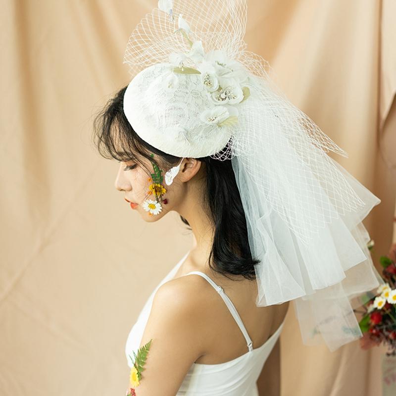 

Headpieces Ivory Lace Hat Acessórios Do Casamento Wedding Veil Short Vintage Hair Accessories Multi-layer Fascinator