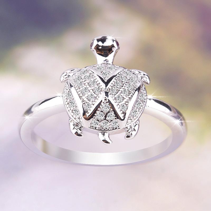 

Cluster Rings Tortoise For Women Crystal Silver Color Zircon Longevity Birthday Gift Fashion Cute Animals Jewelry KBR085, Golden;silver