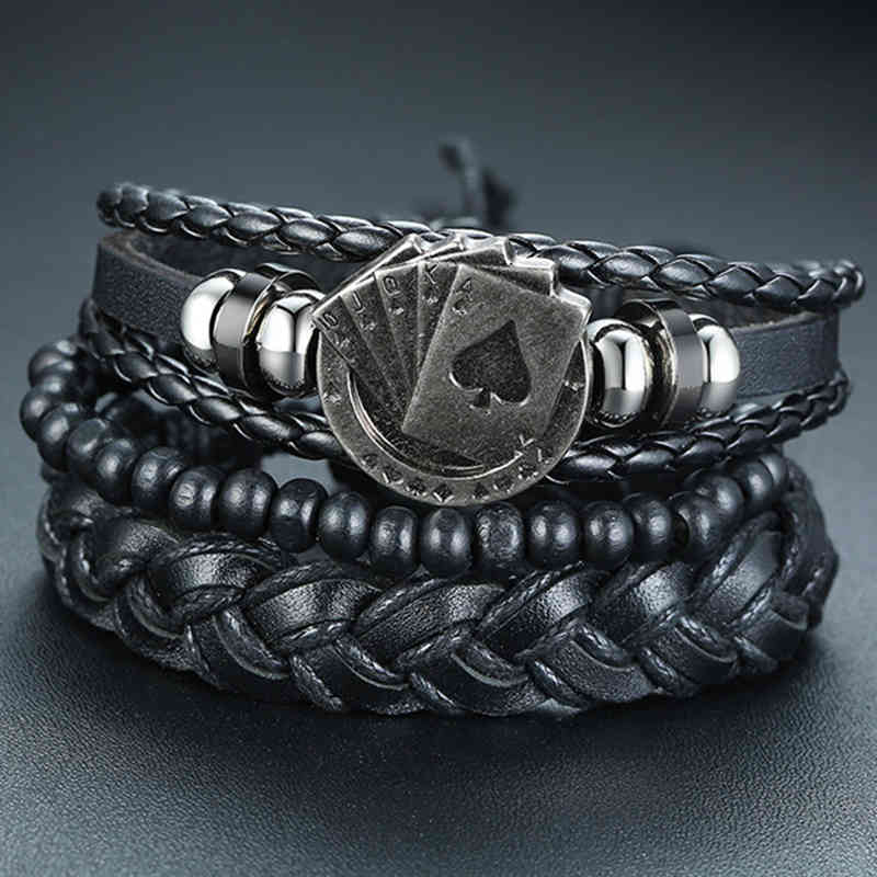 

Vnox Mix 3-4Pcs/ Set Braided Wrap Leather Bracelets for Men Women Vintage Poker Charm Wooden Beads Ethnic Tribal Wristbands