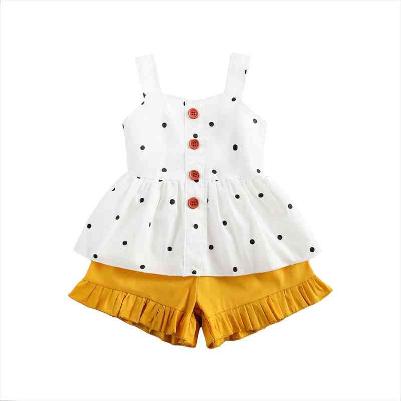 

cute 0-24m baby girl clothing button dot print sleeveless vest ruffle solid shorts summer 2pcs outfits set, White