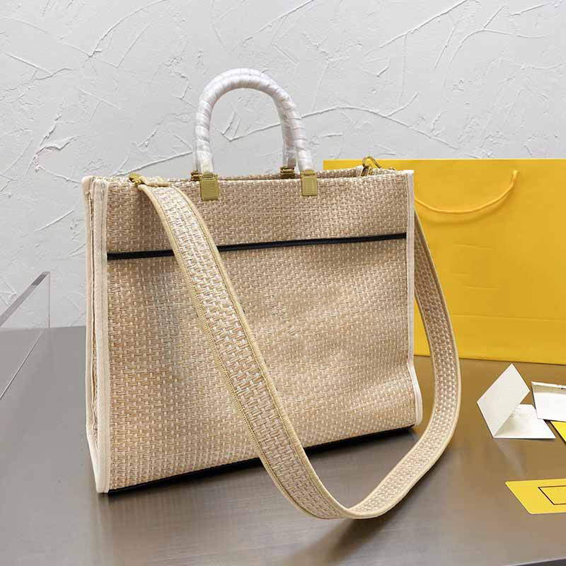 

41cm Tote Bag Raffia Straw Woven Handbag Large Capacity Beach Shopping Bags Embroidery F Letter Interior Zipper Pocket Detachable Strap Handle Totes, Filled paper