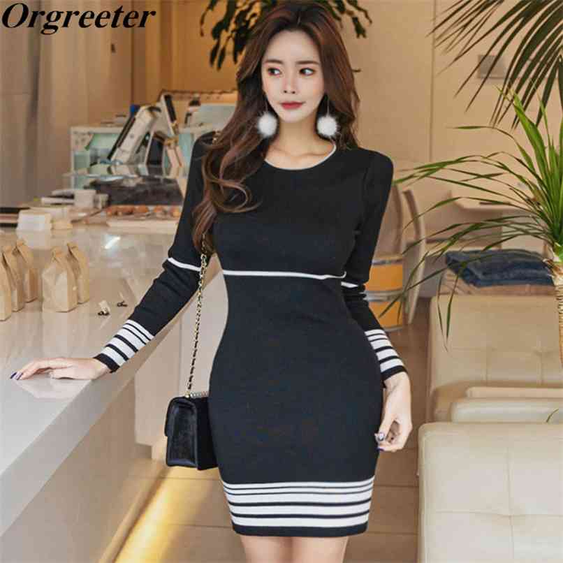 

Striped Stretch Knitted Pencil Dress Simple Solid Work Casual Winter Bottoming Bodycon Women Fall Spring Outwear 210602, Black