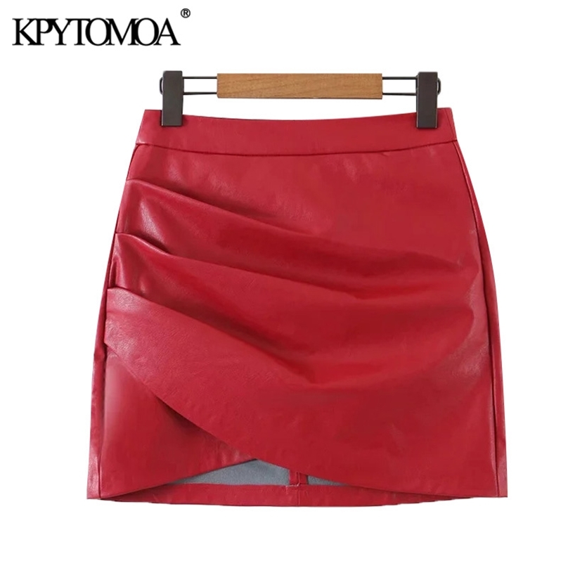

KPYTOMOA Women Chic Fashion Faux Leather Pleated Asymmetrical Mini Skirt Vintage High Waist Back Zipper Female Skirts Mujer 210629, As picture