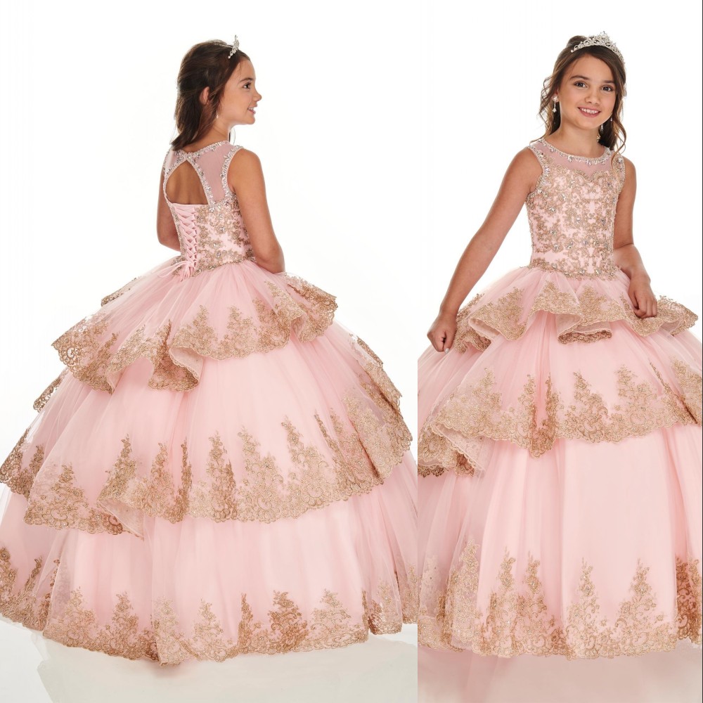 

2021 Red Pink Lovely Flower Girls Dresses Jewel Neck Lace Appliques Tulle Crystal Beads Tiered Birthday Dress First Communion Girl Pageant Gowns