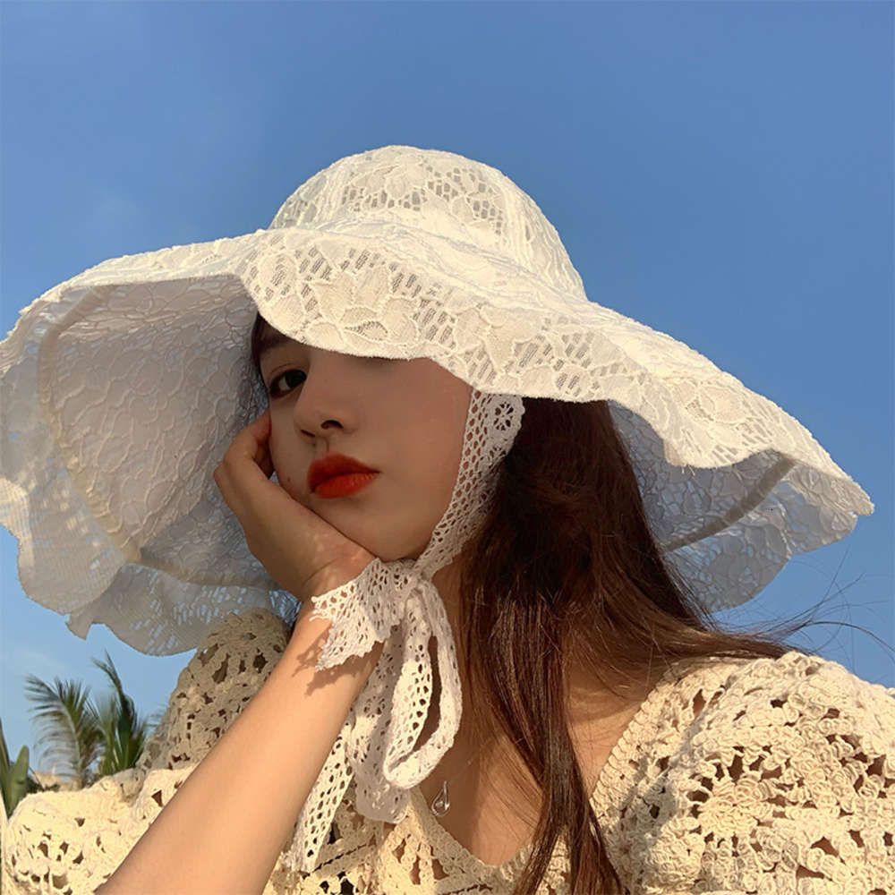 

Sun hat Summer vacation cut out edge female fisherman elegant big lace up sun hat, Blue;gray