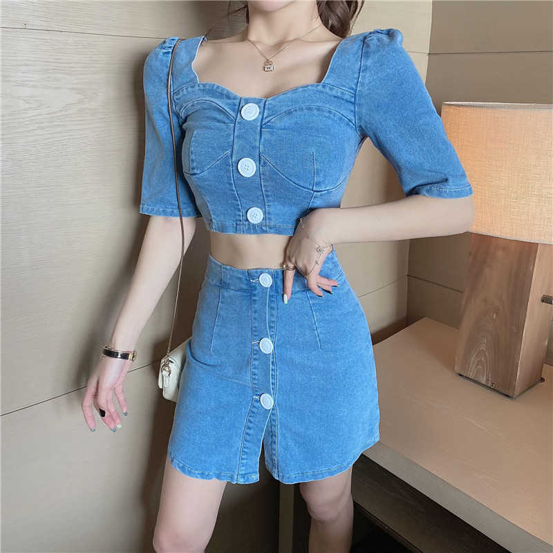 

Women 2 Piece Set Elegant Summer Square Collar Puff Sleeve Sexy Crop Top + Denim Mini Skirts Street Wear Suit 210526, Blue
